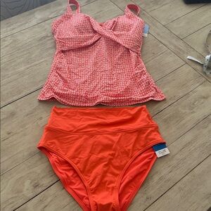 Lands' End Women's Striped Square Neck Tankini Top Orange/White/Coral Pink 6D/8